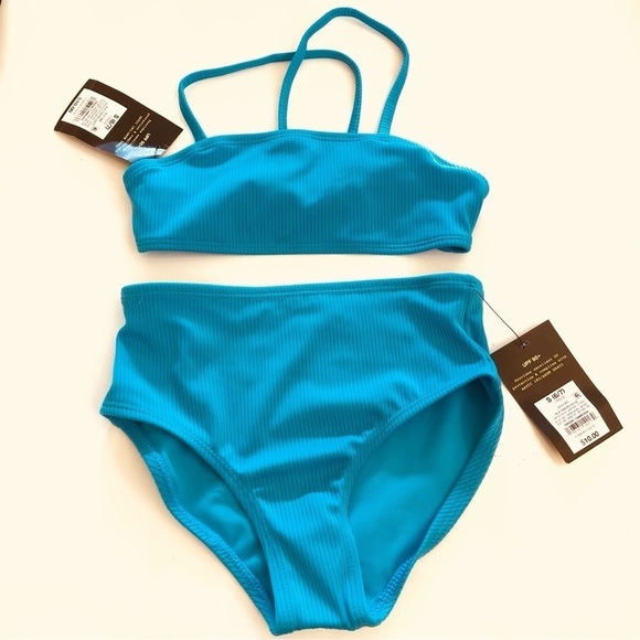 Art Class Girls Blue Turquoise Bandeau Ribbed Crisscross Tie Bikini Set Sz S/6-7 - Picture 1 of 8